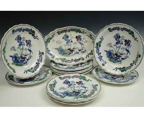 Ten Edwardian Copeland Spode luncheon plates and three conforming serving dishes, polychrome transfer decorated with birds an