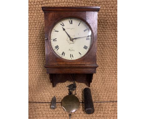 A Victorian oak cased wall clock by J Shipley of Derby, having a weight driven movement with alarum, striking on a bell, 32 x