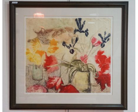 Jenny Devereux, (contemporary, St Ives) "Cat and Flowers", lithograph, 23/125, in card mount and painted moulded frame under 