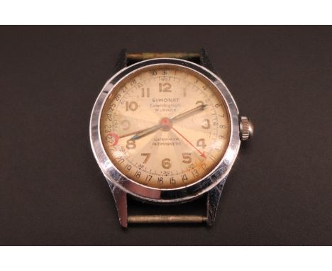 A Simonat Calendograph wristwatch, having a 15 jewel movement and circular face etched in segments, with luminous numerals an