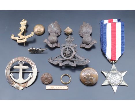 Sundry medals and insignia including a Royal Military College Canada badge, a Victorian Royal Navy sweetheart brooch and a Se