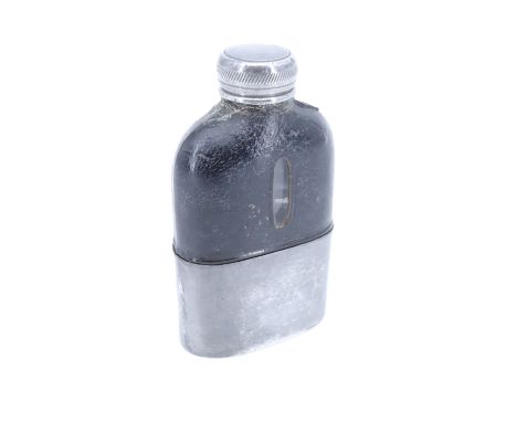 A small Edwardian leather covered glass hip flask with detachable white metal cup, 9 cm