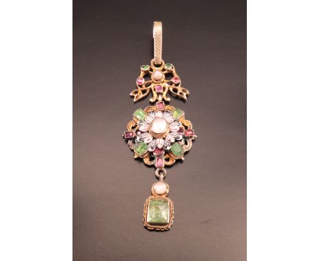 A 19th century articulated Austro-Hungarian gilt white metal glass and gem set lavaliere or pendant, comprising a central bar