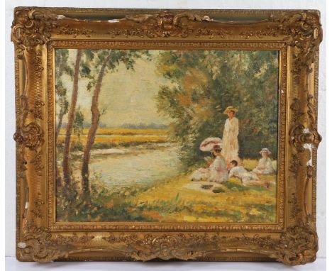 Post Impressionist School (British, 20th Century), Summer Scene with Figures by a Tranquil River, oil on canvas, 38 x 50cm