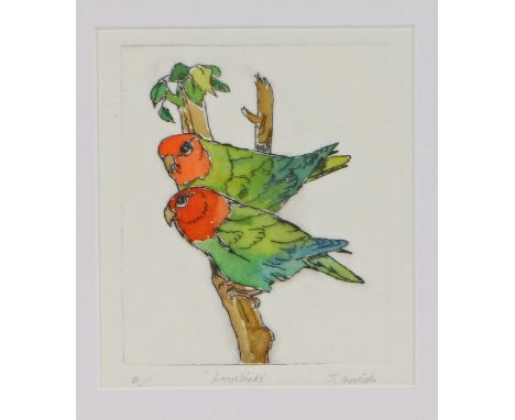 Jane Ironside (British, 20th Century), 'Lovebirds'
Etching with handcolouring, on wove, signed, titled and inscribed 'A/P' in