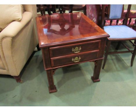 A Georgian style crossbanded mahogany lamp table, 57cm tall x 56cm wide x 65cm deep