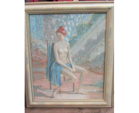 ROBERT HUNT (1934-2014) A framed oil on canvas, seated nude female. Signed. Royal Academy Summer 1991 exhibition label verso,