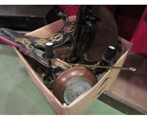 A box of miscellaneous including horse brasses, barometer and electrolier etc.