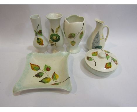 E. Radford handpainted 'Leaf' design pieces - lidded dish, dish, jug and three posy vases (6)   