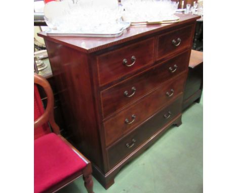 A "Lebus" Edwardian crossbanded mahogany chest of two short over three graduating long drawers on an outswept plinth base, 10