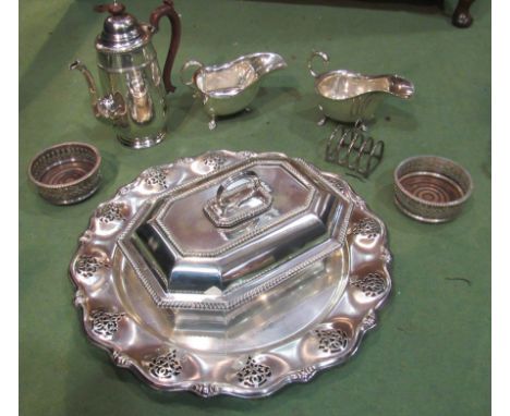 A quantity of silver plate including coffee pot, flatware, entree dish, sauce boats, trays