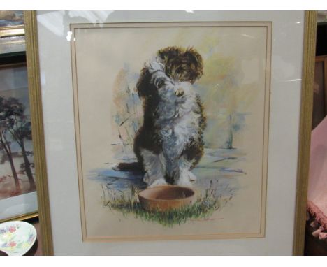 ROBERT HUNT (1934-2014) A framed and glazed pastel on paper of a puppy with food bowl. signed. 43cm x 37.5cm.  Former Preside