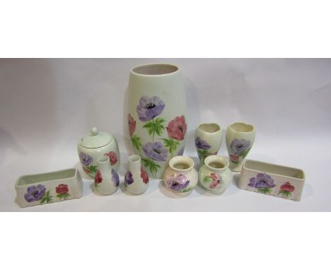 E. Radford handpainted 'Anemone' design pieces - vase, preserve jar, two dishes and six posy vases (10)   