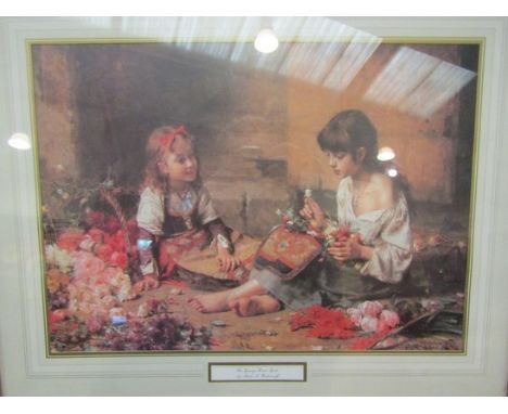 A gilt framed lithograph after Alexei Harlamoff (Russian, 1840-1922), The Young Flower Girls, signed and dated 1885 in the pl