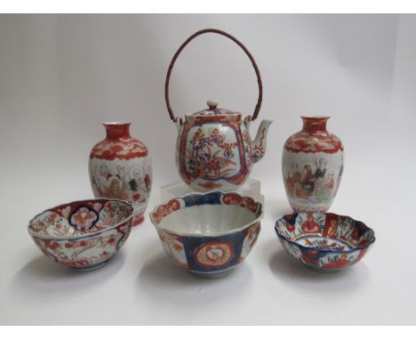 Japanese vases, teapot and three bowls (6)