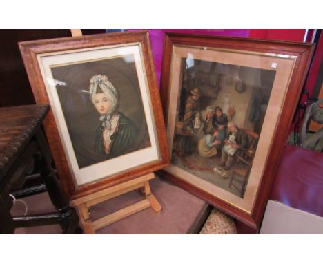 Three Pears coloured prints including two interior scenes one entitled "Tempted but Shy" and a portrait, 43cm x 32cm, 43cm x 