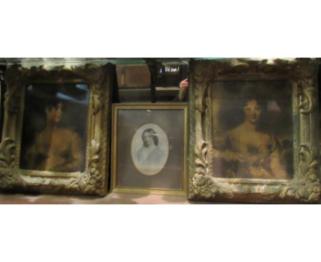 A pair of gilt framed oleographs of elegant ladies, each 37cm x 28cm and a hand coloured portrait of girl