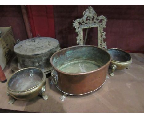A 19th Century copper jardiniere with lion mask ring handles, two brass pots, Arabic lidded container, charger and photo fram