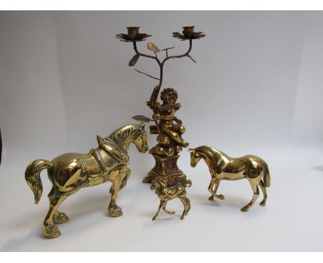 A gilt cherub floral candlestick and horse figures (4)