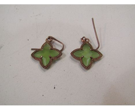 A pair of jade coloured quatrefoil earrings in coloured mounts, stamped 925