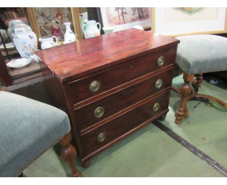 A Regency mahogany miniature chest of three drawers with ring drop handles, one handle loose, edge beading damaged, 54cm x 62
