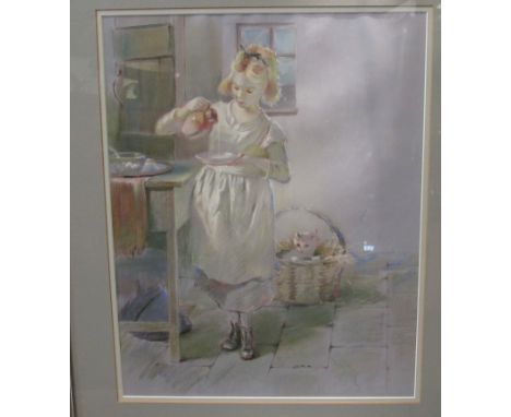 ROBERT HUNT (1934-2014) A framed and glazed pastel on paper, young girl with jug of milk. Signed. 48cm x 38cm.  Former Presid