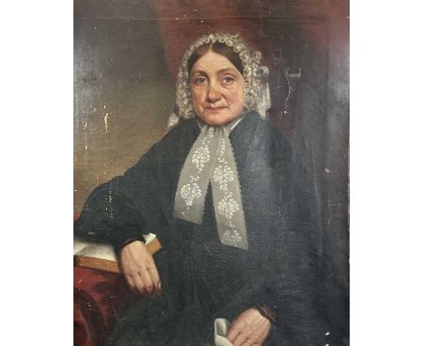 J BROWN (1855) British School oil on canvas - three quarter length portrait of a seated lady, her right hand resting on a boo