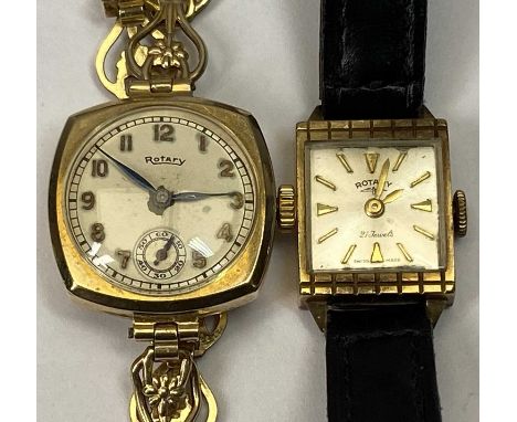 9CT GOLD CASED LADY'S ROTARY WRISTWATCHES (2) - to include a square cased example, 20 x 20mm, the dial set with Arabic numera