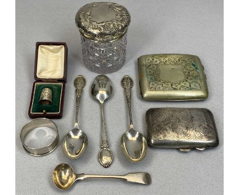 SMALL SILVER, 8 ITEMS and an EPNS cigarette case, the silver includes a Charles Horner silver thimble, Chester hallmarks indi