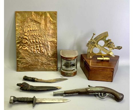 REPRODUCTION BRASS SEXTANT - with silvered scale in wooden box, a Gurkha Kukri knife, leather scabbard with two skinning kniv