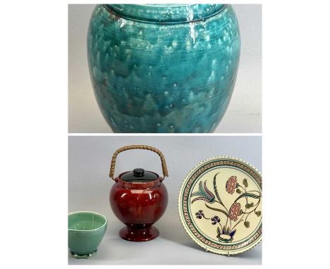 LIZZY WOOD HARROGATE - a Raku vase of baluster form, glazed in turquoise and reds, impressed mark to base, 26cms H and EDWARD