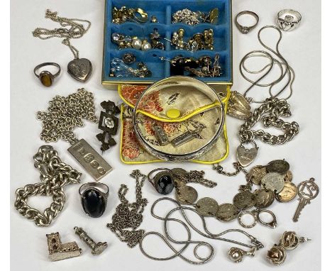 VICTORIAN &amp; LATER SILVER &amp; SILVER TONE JEWELLERY - 16 and 9 items respectively to include a half chased bangle, ingot