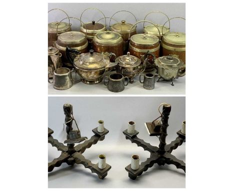 OAK &amp; EPNS MOUNTED BISCUIT BARRELS WITH LIDS (8) and a small quantity of mixed EPNS teaware and RUSTIC BEECH PENDANT CEIL