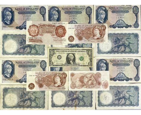 VINTAGE ENGLISH BANKNOTES (16) and 1 x USA one dollar note, Bank of England notes include 12 x circa mid-20th Century L K O'B