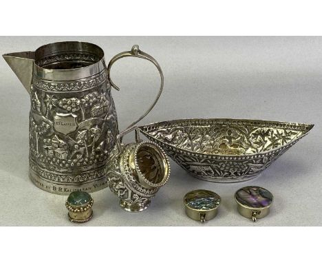INDIAN UNMARKED/UNTESTED WHITE METAL (3) - comprising of a conical water jug with scroll handle, the body having all round em