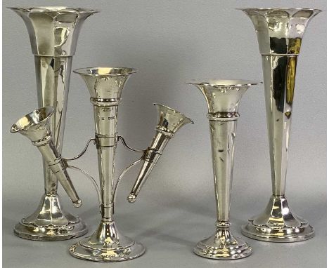 SILVER TRUMPET VASES, A PAIR &amp; ONE OTHER along with a triple trumpet style table epergne, Sheffield 1919 and 1920, the pa