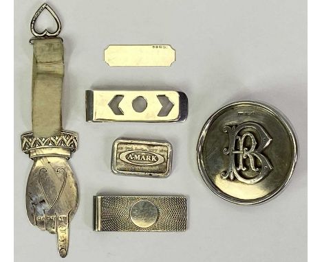 NOVELTY &amp; OTHER SILVER COLLECTABLES GROUP - six items, to include a Chester 1904 bookmark in the form of a cuffed hand wi