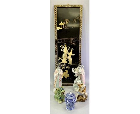 CHINESE PORCELAIN FIGURES OF GEISHA GIRLS (2) - 34cms the tallest, a rectangular lacquered panel gilded and decorated in reli