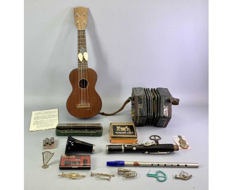 MUSICAL INSTRUMENTS - including ukelele, concertina with bone buttons, a Hohner Echo harmonica, ETC