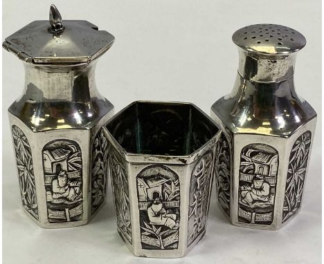 CHINESE UNMARKED WHITE METAL THREE PIECE CONDIMENT SET - comprising pepper pot, salt and lidded mustard pot, all hexagonal fo