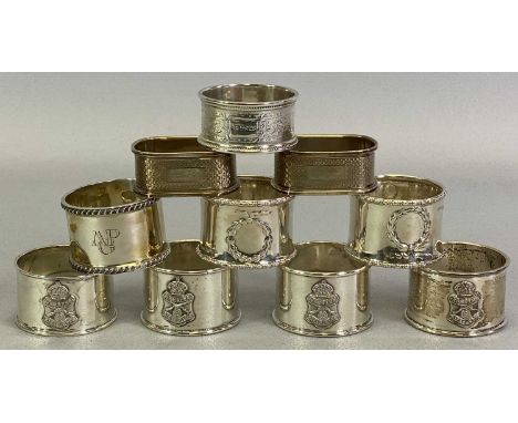 MAINLY BIRMINGHAM SILVER NAPKIN RINGS (10) - to include a set of four, having an applied crest for Urmston Rifle Club, date s