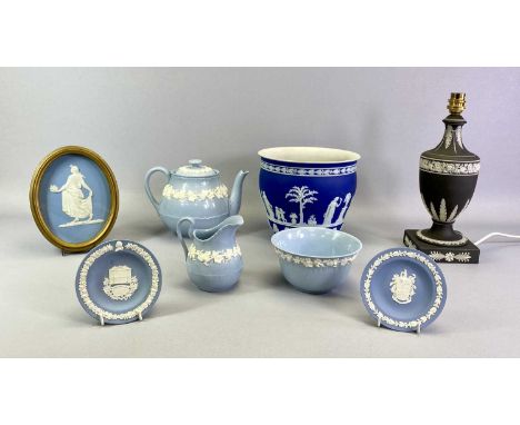 WEDGWOOD BLUE JASPERWARE JARDINIERE - decorated with classical figures, 17.5cms H, a Wedgwood black Jasperware table lamp, of