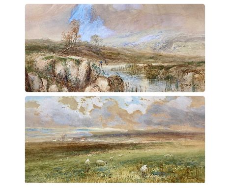F CLIFFORD watercolours, a pair - mountainscape with figures fishing in foreground, and an extensive landscape with sheep in 