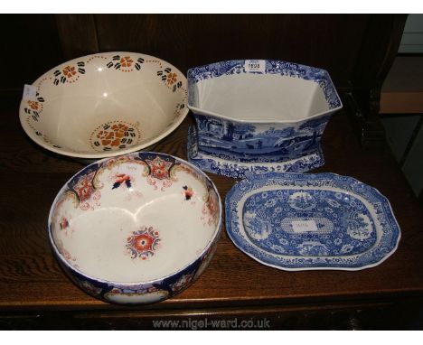 A Spode blue and white planter and small serving plate, large French provincial bowl and patterned bowl with gilding
