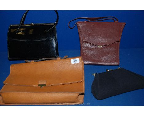 Four vintage Bags including leather music sheet bag, evening bag, Dent Fownes patent handbag, etc.