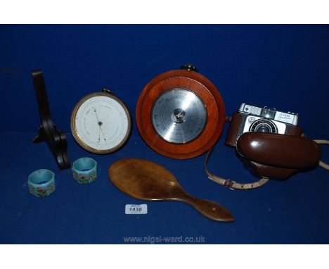 A quantity of miscellanea including brass aneroid barometer, Weathermaster barometer, hand mirror, Ilford Sportsman camera, e
