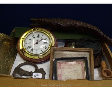 A box of miscellanea including carved crocodile, crumb trays, clock, door knocker, etc.