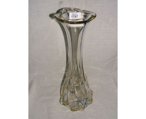 A vintage Studio Glass Vase with fine blue streaks and freeform protruding decoration on the outside, 16'' tall.