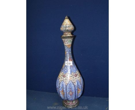 An old and very large Persian Mina Isfahan enamel bottle and stopper; Shah era; some bruising and loss.