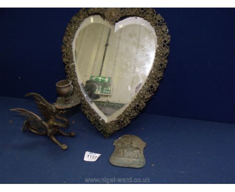 A heart shaped Mirror with filigree metal frame (a/f) and a dragon Candlestick.